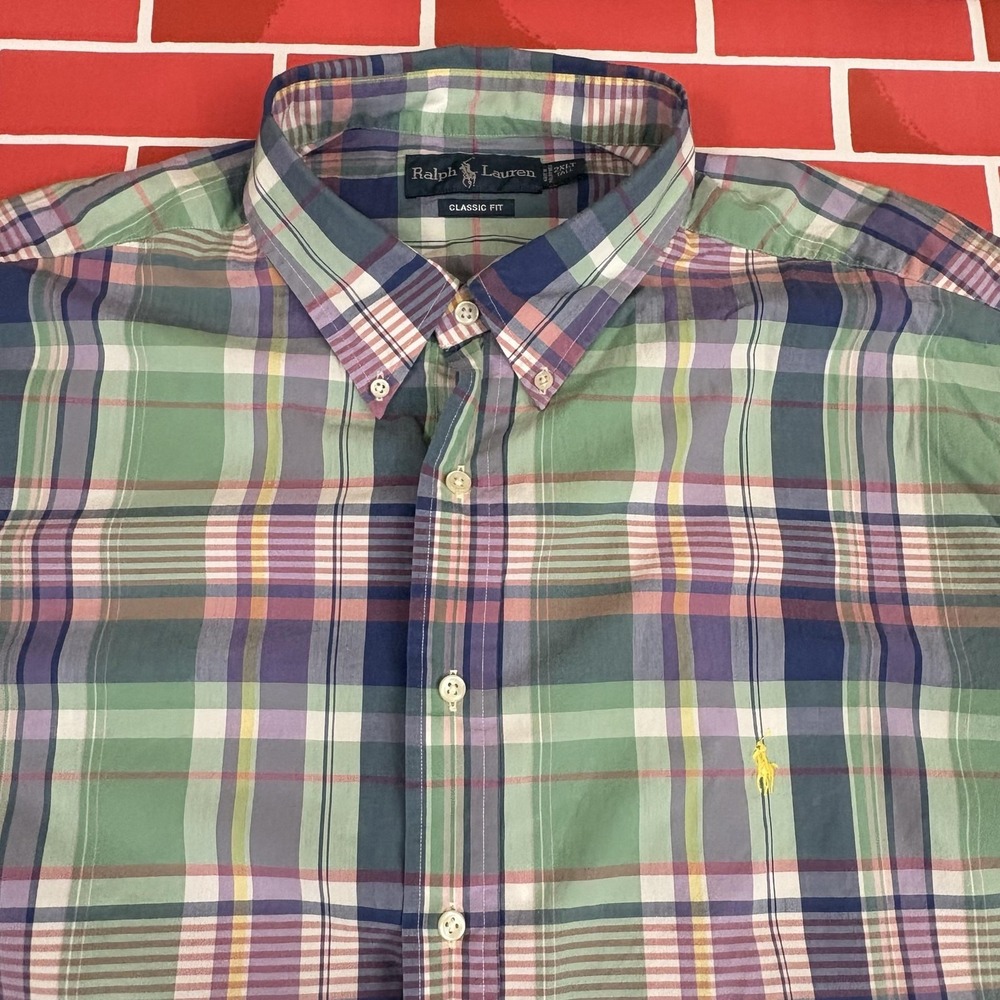 Ralph Lauren Madras Plaid Shirt Mens 2XLT Big Tall Cotton Short Sleeve Button-Up
